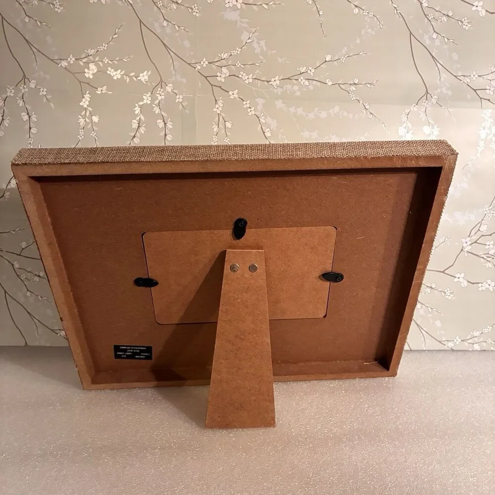 Picture Frame Wrapped In Burlap And Adorned W/ Metal Flowers & Knob. 4”x6” Pic.